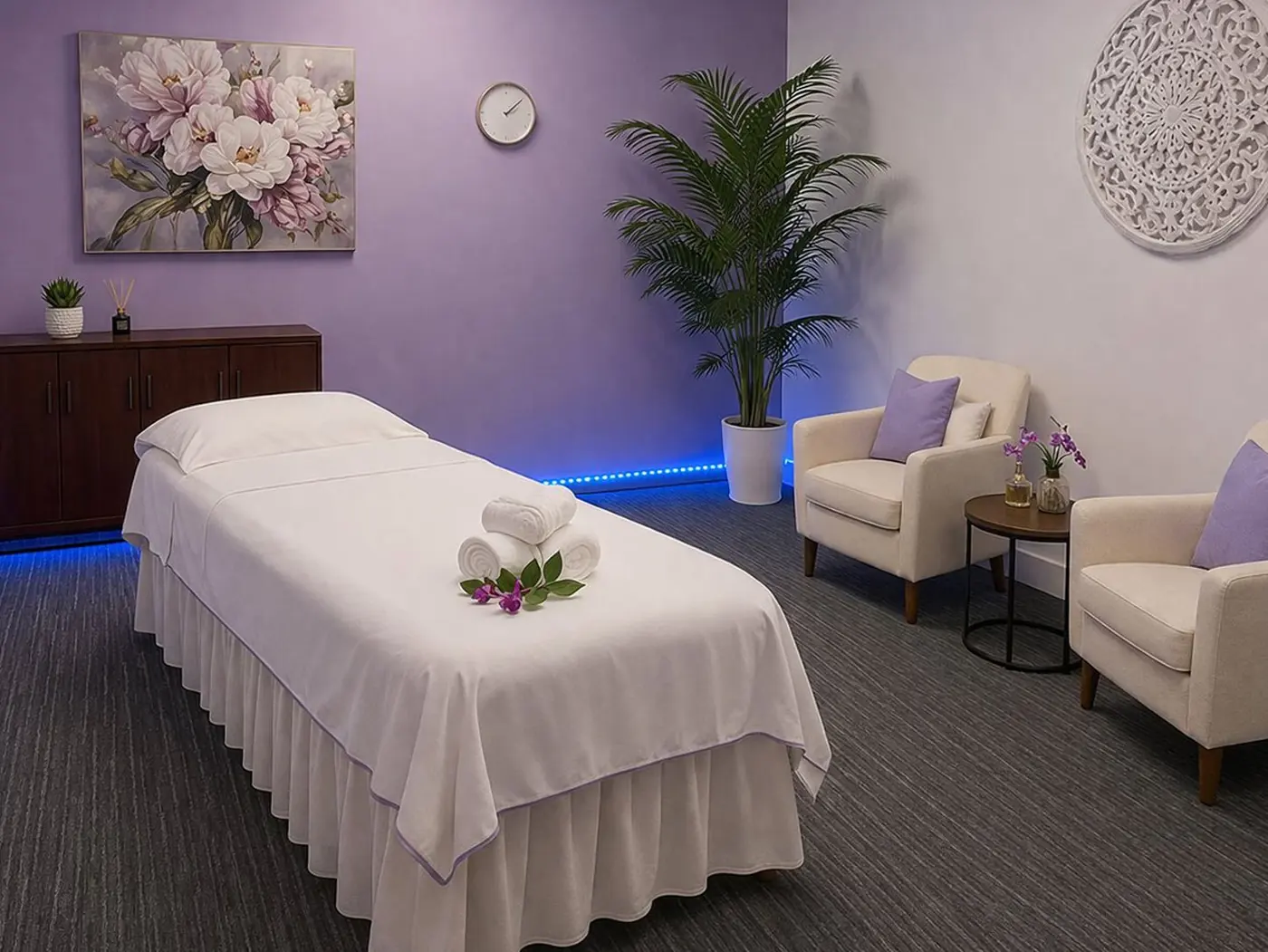 Quiet private treatment room with floral painting at Desert Relax SPA Las Vegas