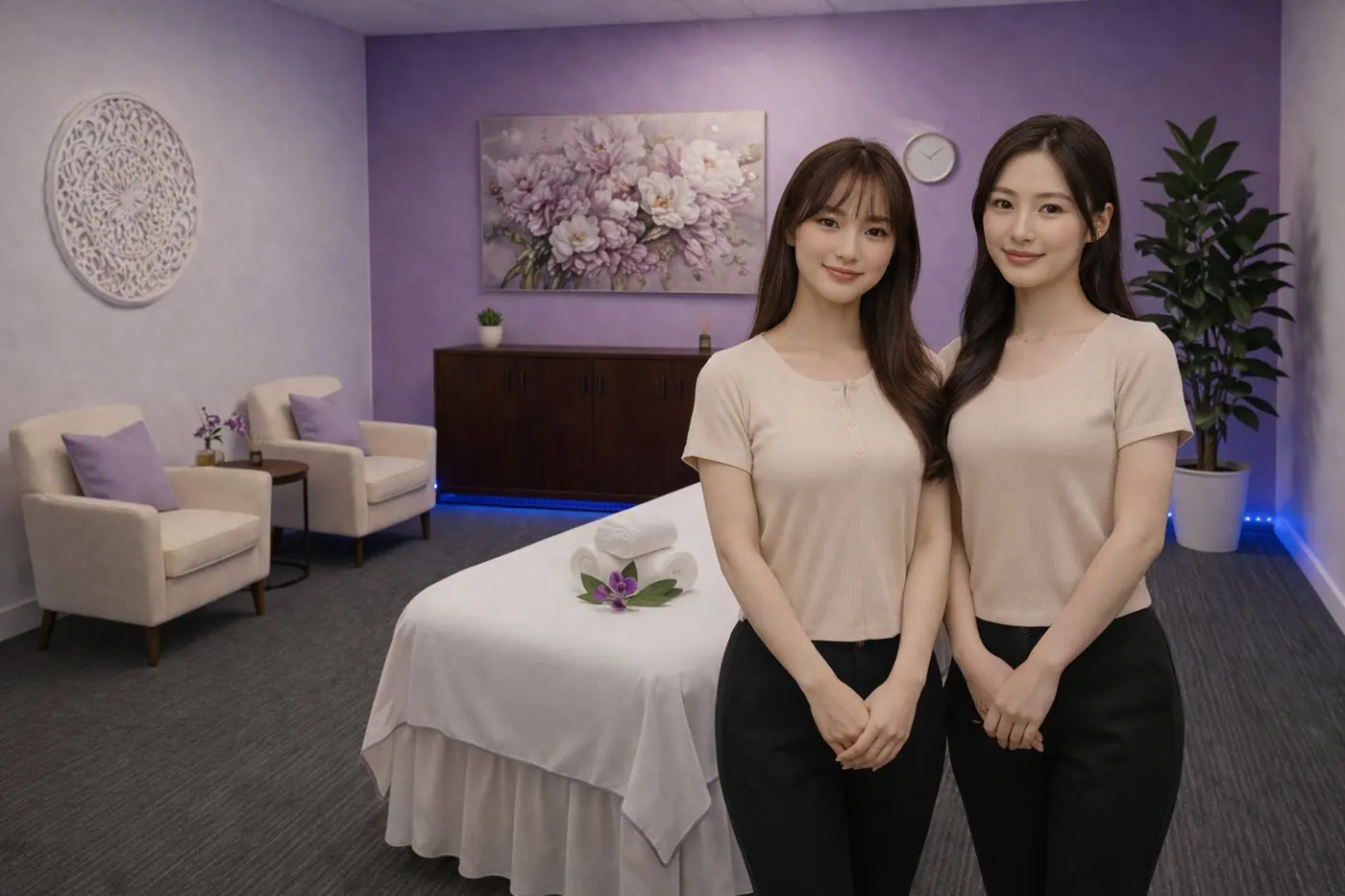 Friendly therapists welcoming guests in a quiet purple treatment room at Desert Relax SPA Las Vegas