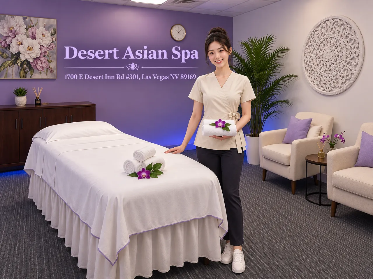 Friendly staff member beside a fresh massage table at Desert Asian Spa in Las Vegas, NV
