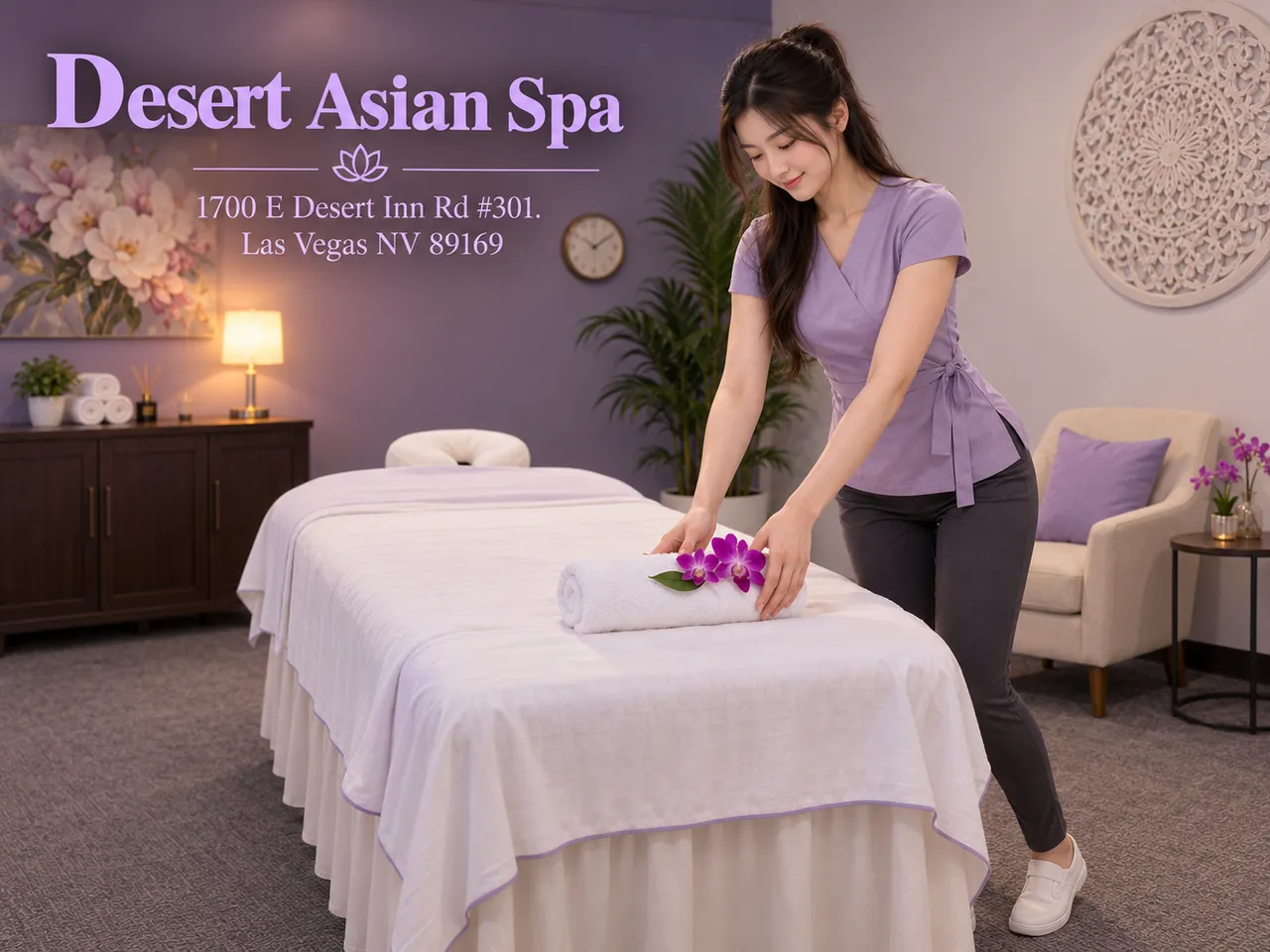 Friendly staff member beside a fresh massage table at Desert Asian Spa in Las Vegas, NV