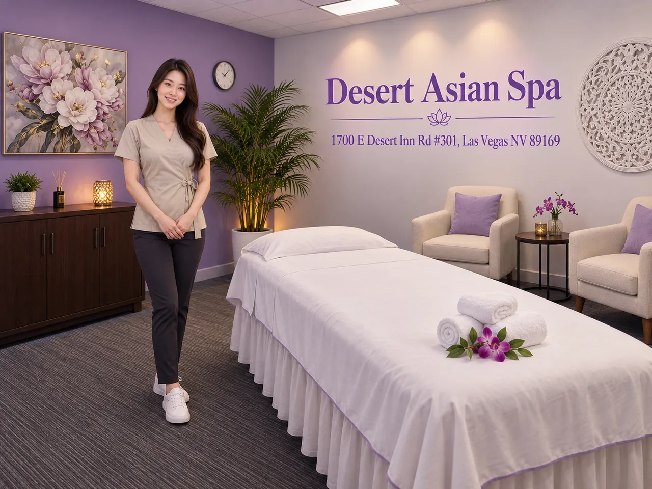 Friendly staff in a clean, private room at Desert Asian Spa near the Las Vegas Strip, NV