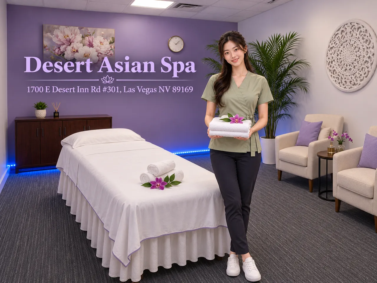 Friendly staff member beside a fresh massage table at Desert Asian Spa in Las Vegas, NV