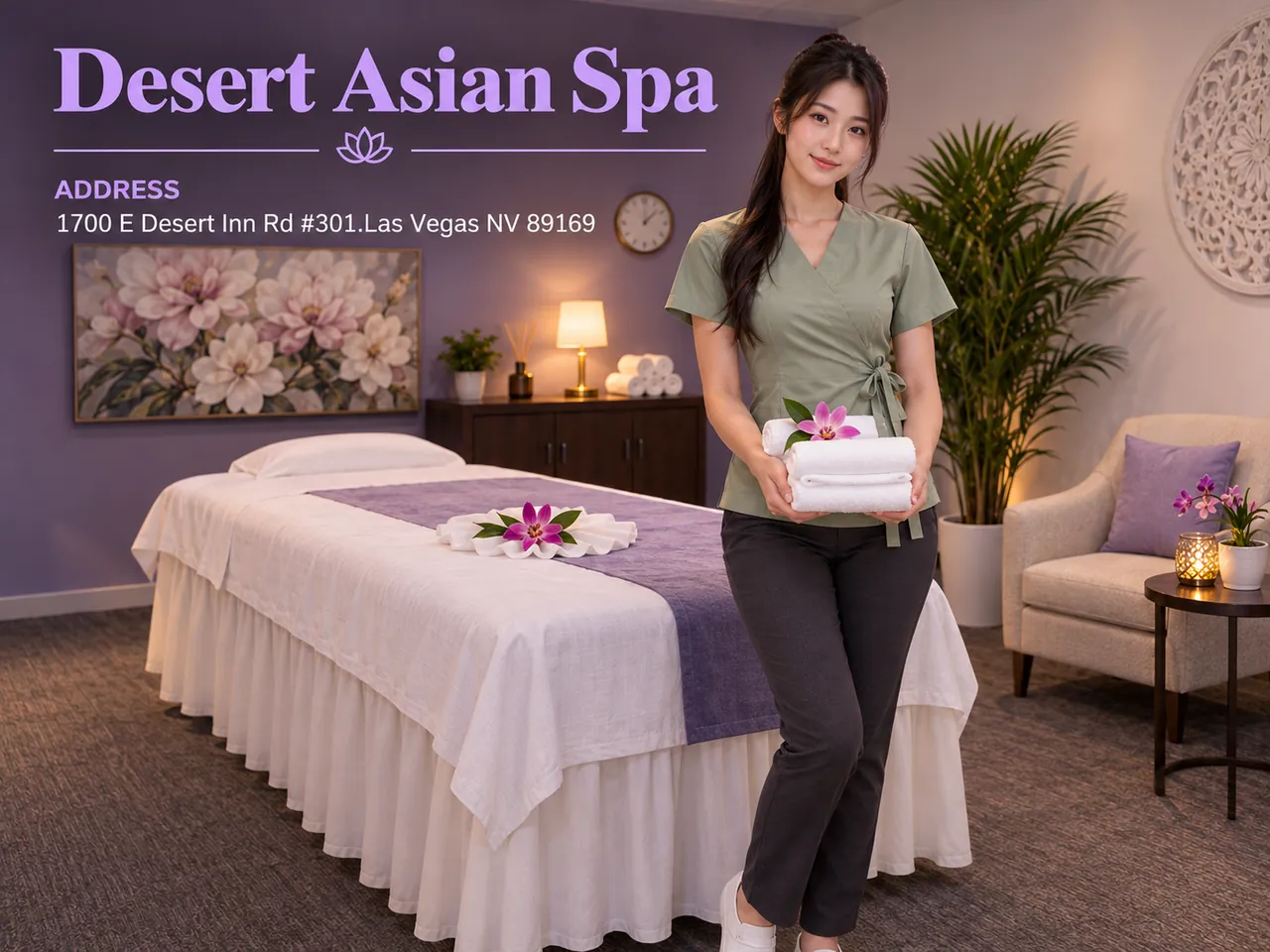 Friendly staff member beside a fresh massage table at Desert Asian Spa in Las Vegas, NV