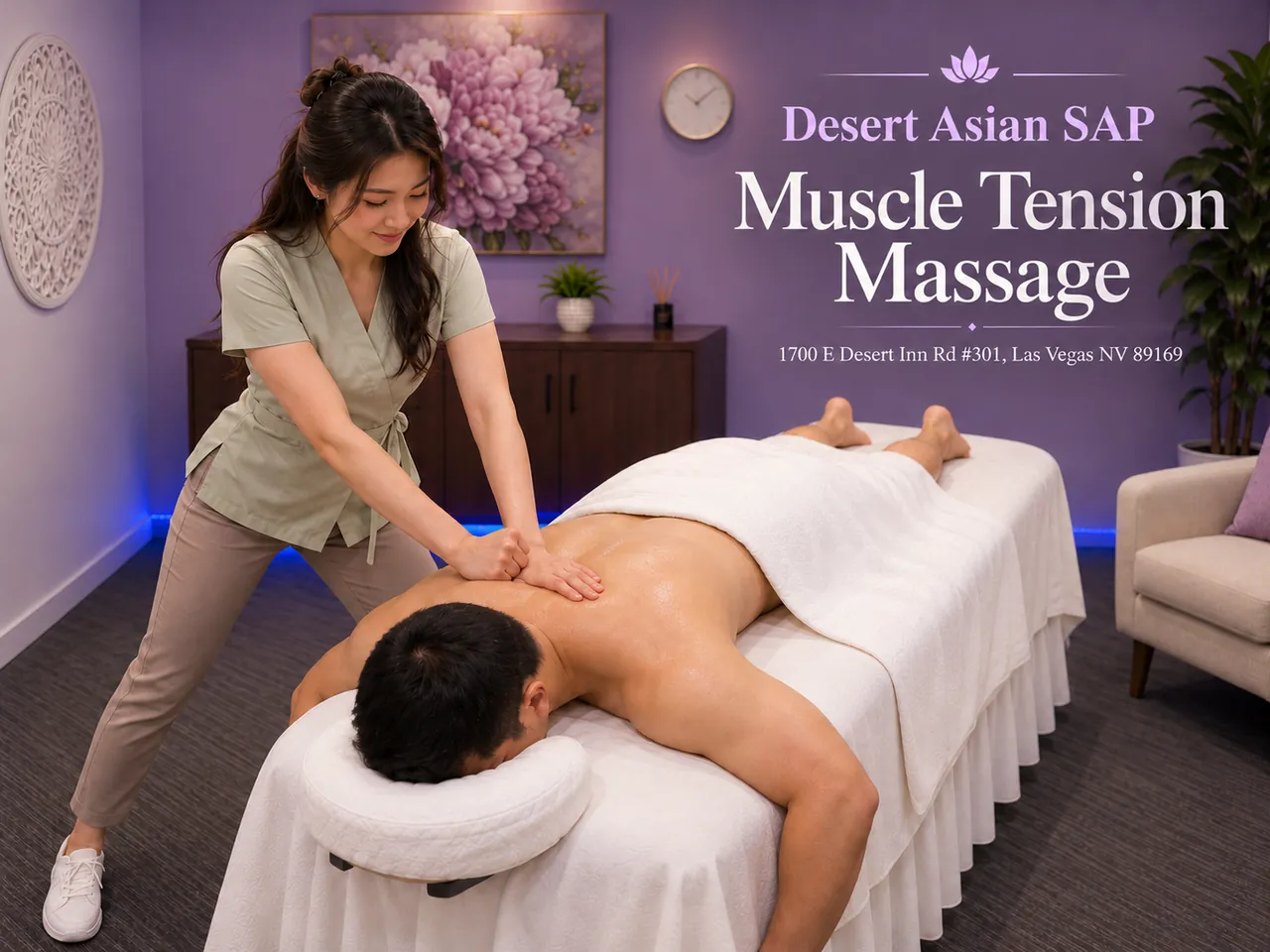 Muscle tension massage with steady pressure on the back at Desert Asian Spa in Las Vegas, NV