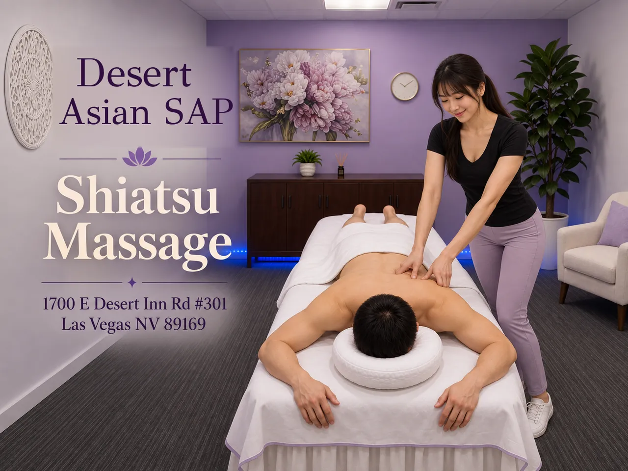 Shiatsu palm pressure along the upper back at Desert Asian Spa in Las Vegas, NV