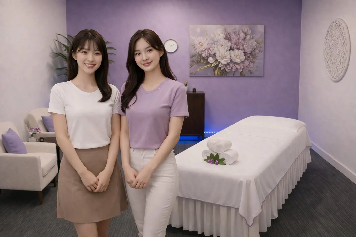 Two friendly professional therapists in a quiet purple treatment room at Desert Relax SPA Las Vegas