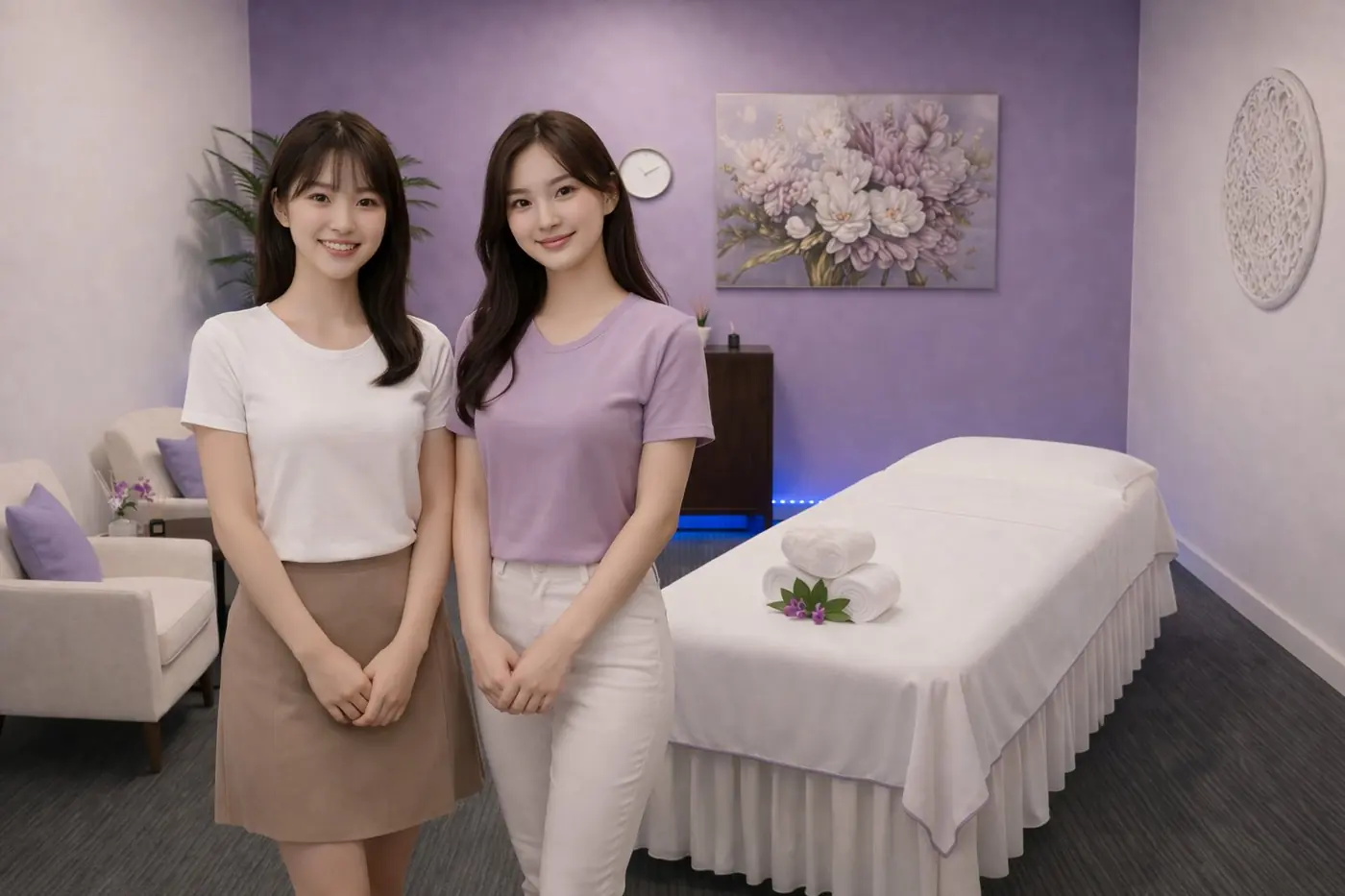 Two friendly professional therapists side by side in the warm purple treatment room at Desert Relax SPA Las Vegas